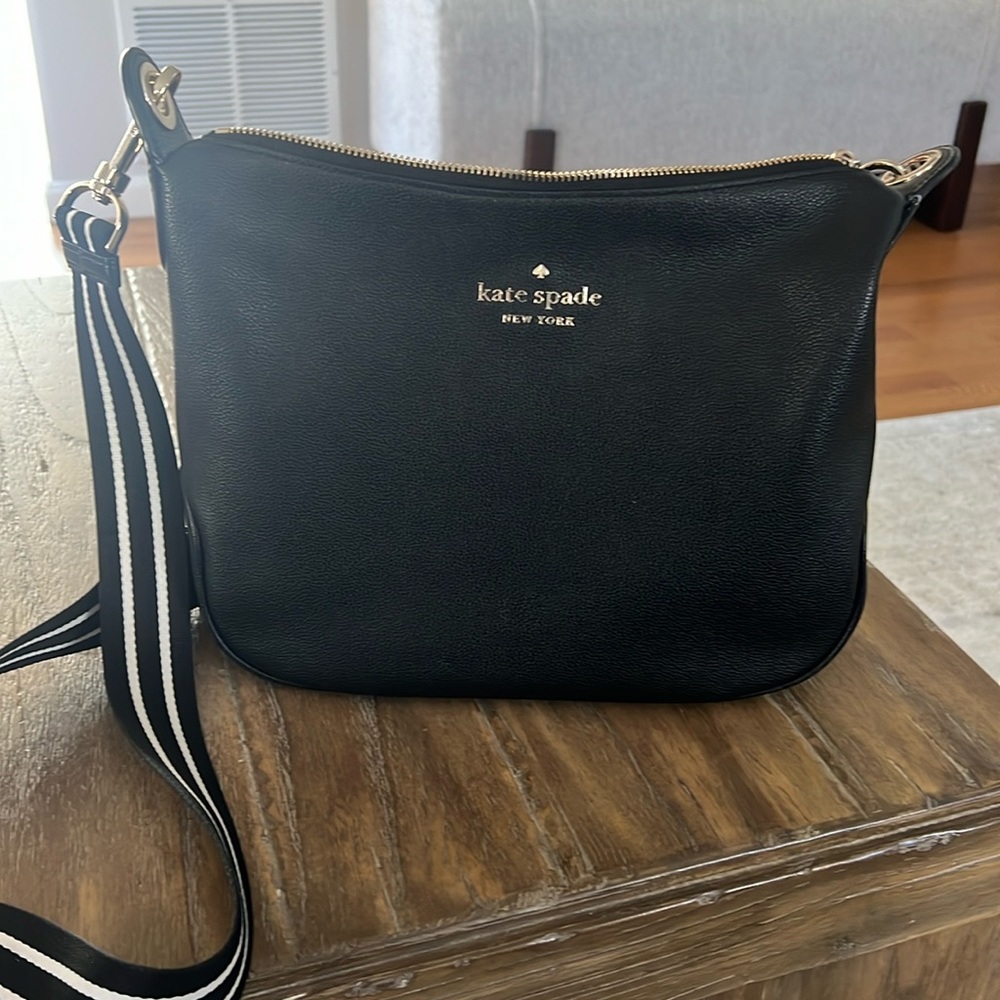 kate spade Black Leather Crossbody Bag with Striped Strap